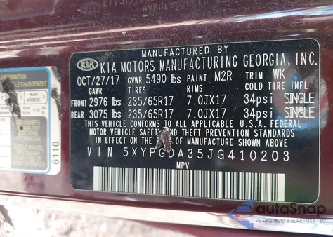 2018 Kia Sorento 2.4L Lx from USA, damaged, VIN 5XYPGDA35JG410203